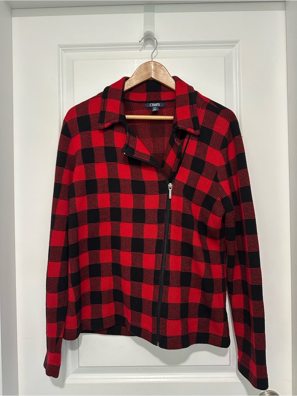 Chaps Women’s Red and Black Buffalo Plaid 100% Cotton Zip Up Sweater Jacket